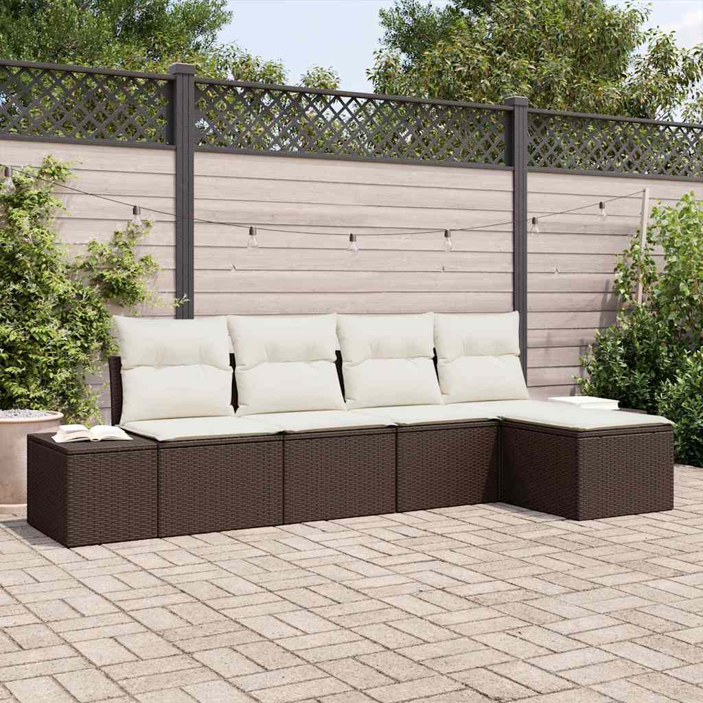 Garten-Sofa-Set mit Kissen 5 pcs Braun und Creme Poly-Rattan