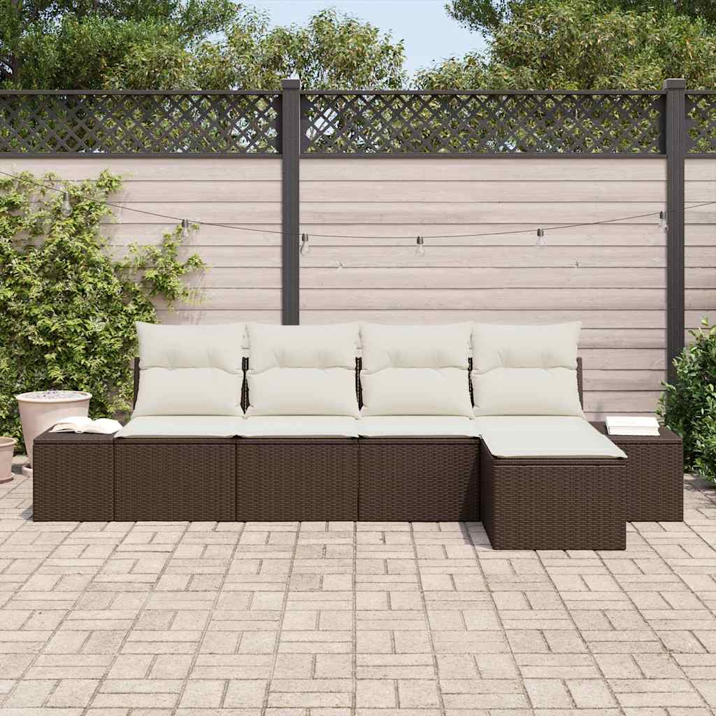 Garten-Sofa-Set mit Kissen 5 pcs Braun und Creme Poly-Rattan