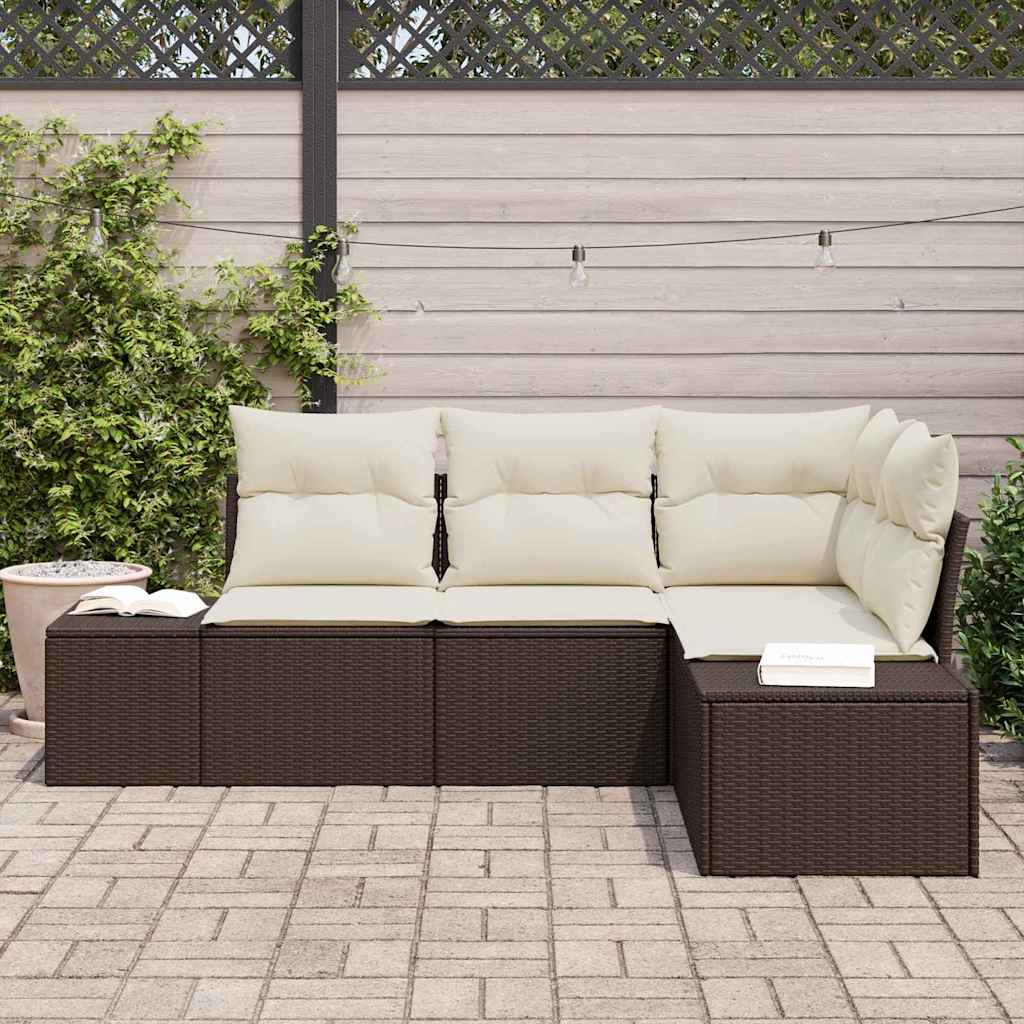 Gartensofa-set mit Speicher 4 pcs Braun und Creme Poly-Rattan