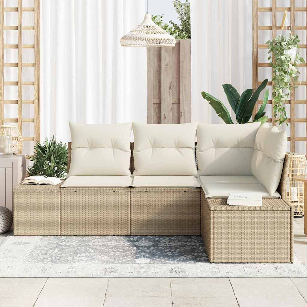 Gartensofa-set mit Speicher 4 pcs Beige und Creme Poly-Rattan