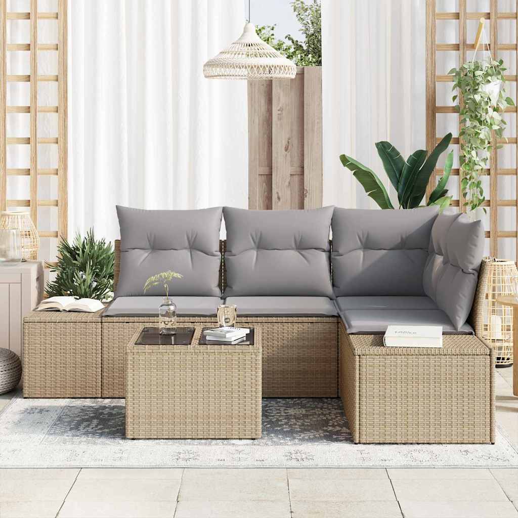Gartensofa-set mit Speicher Beige und Hellgrau Poly-Rattan