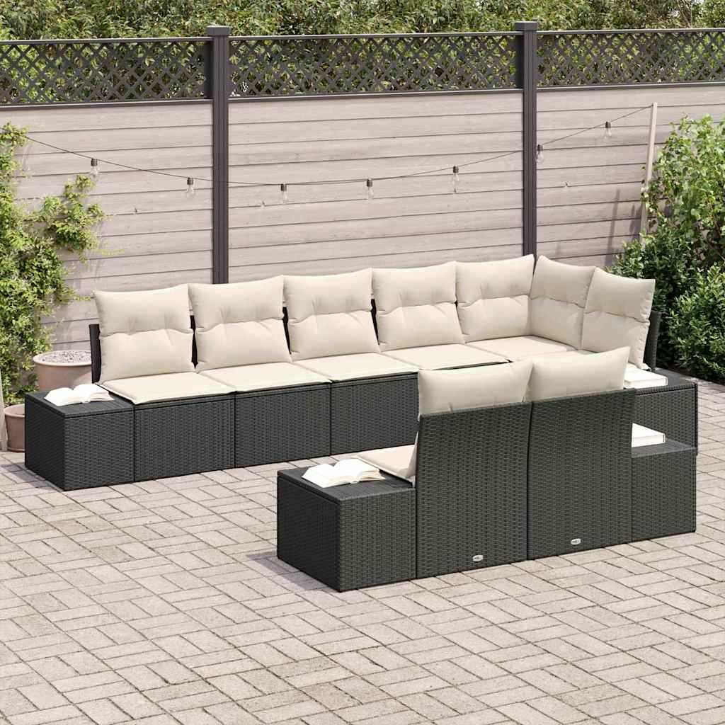 Gartensofa-set mit Speicher 8 pcs Schwarz und Creme Poly Rattan