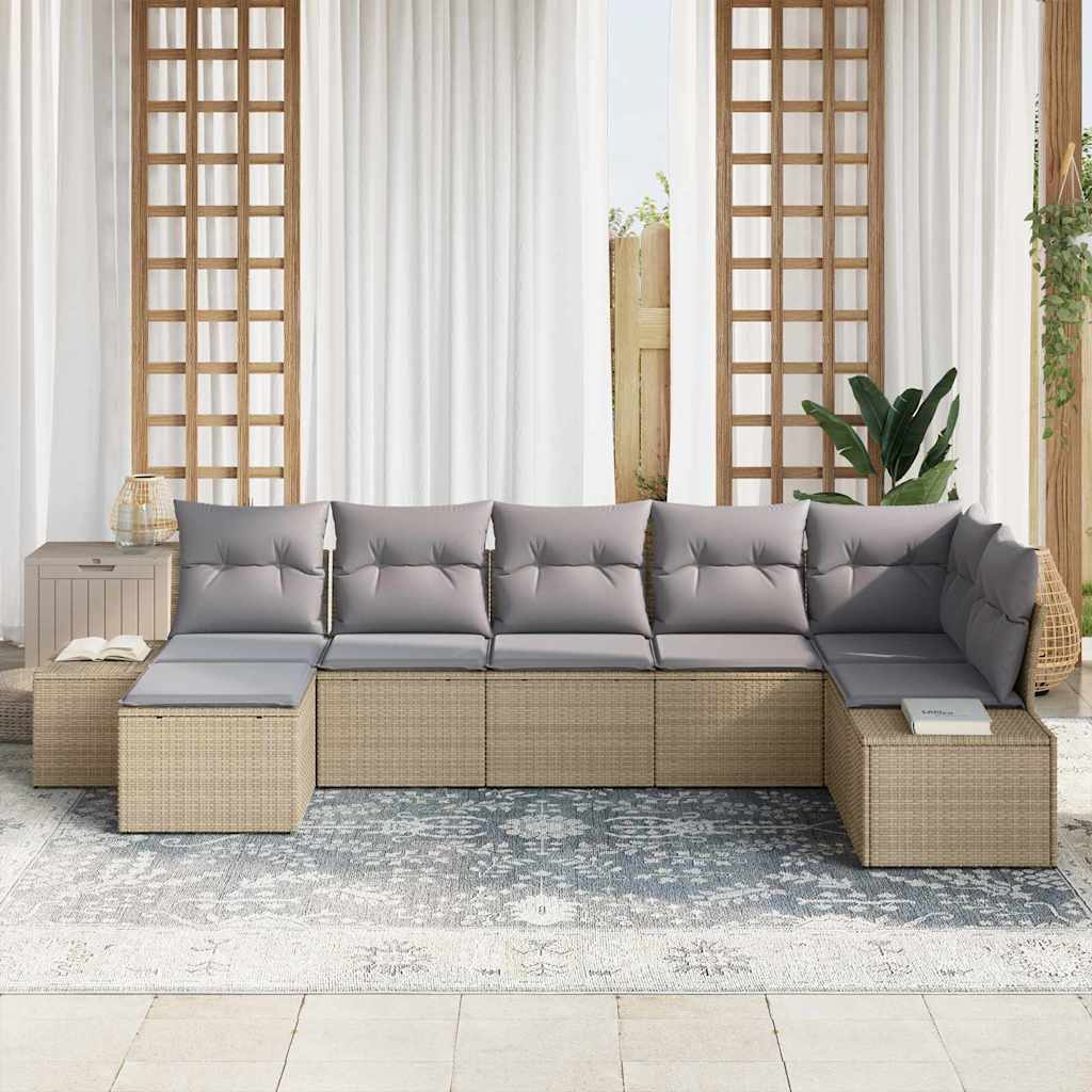 Garten-Sofa-Set mit Kissen mit Speicher 7 pcs Beige Poly-Rattan