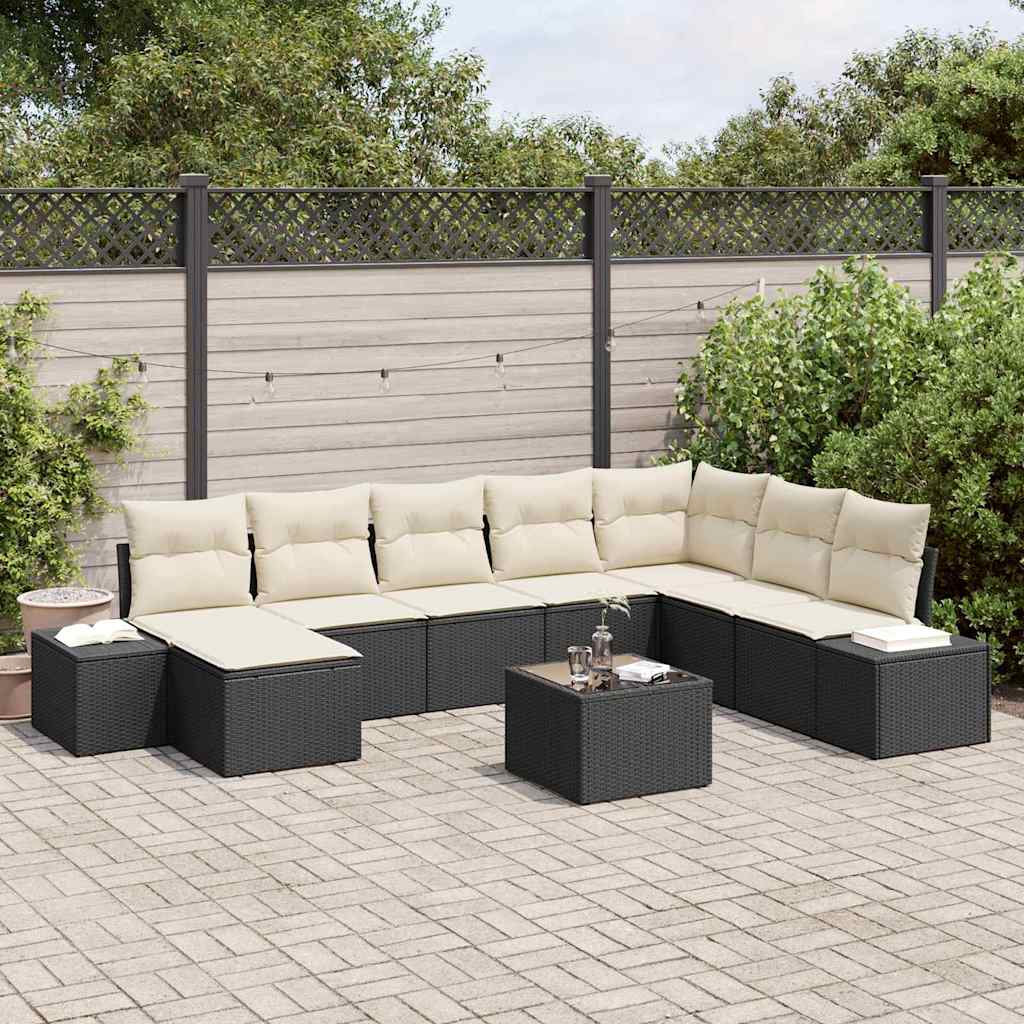 Garten-Sofa-Set mit Kissen 8 pcs Schwarz und Creme Poly-Rattan