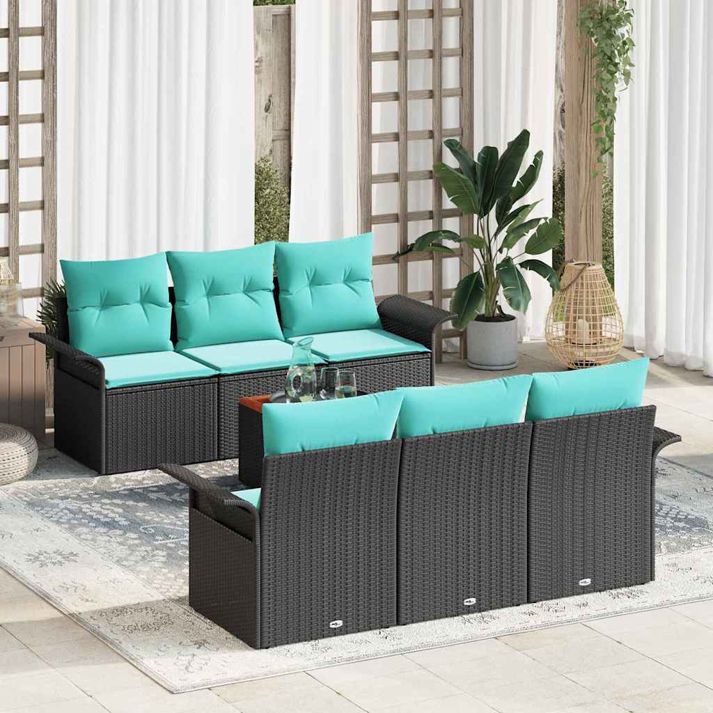 Gartensofa-set 7 pcs Schwarz und Türkis Poly-Rattan
