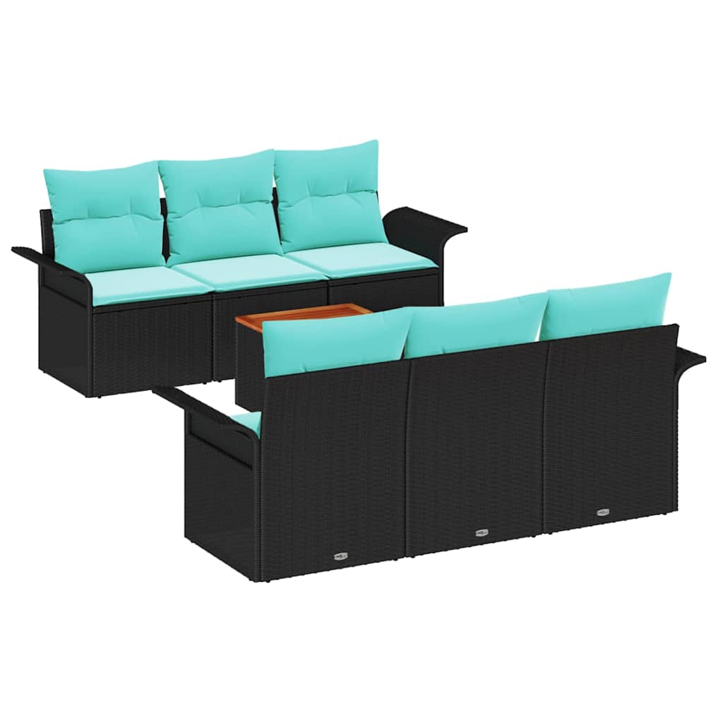 Gartensofa-set 7 pcs Schwarz und Türkis Poly-Rattan