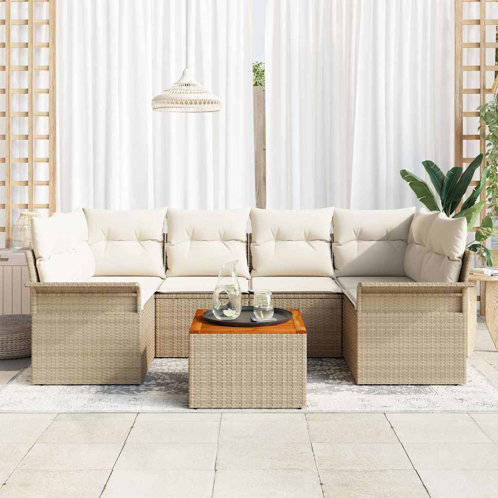Gartensofa-set mit Speicher 7 pcs Beige und Creme Poly-Rattan