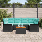 Gartensofa-set 7 pcs Schwarz und Türkis Poly-Rattan