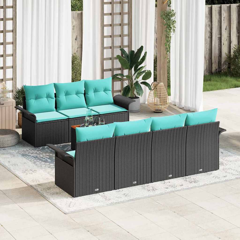 Gartensofa-set 8 pcs Schwarz und Türkis Poly-Rattan