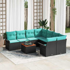Gartensofa-set 9 pcs Schwarz und Türkis Poly-Rattan