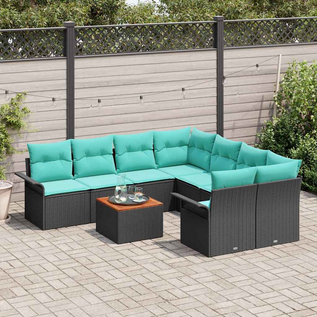 Gartensofa-set 9 pcs Schwarz und Türkis Poly-Rattan