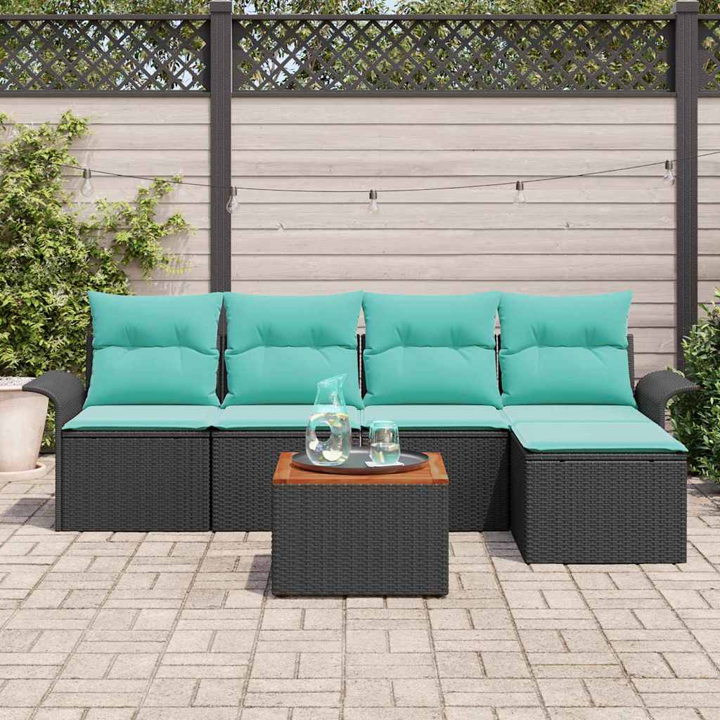 Gartensofa-set 6 pcs Schwarz und Türkis Poly-Rattan