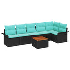 Gartensofa-set 7 pcs Schwarz und Türkis Poly-Rattan