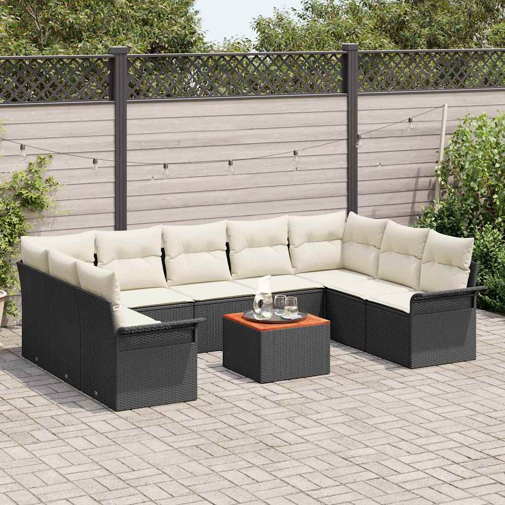 Gartensofa-set 10 pcs Schwarz und Creme Poly-Rattan