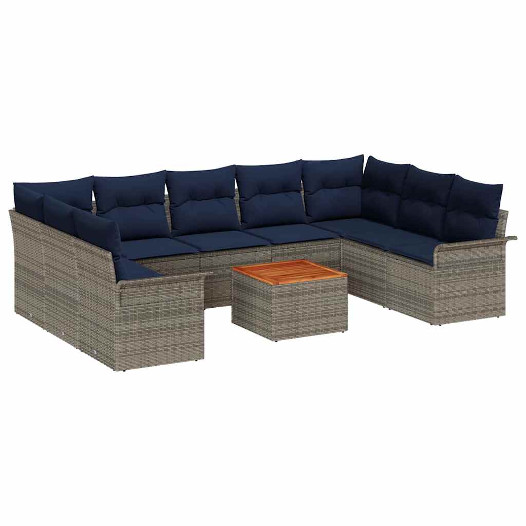 Gartensofa-set 10 pcs Grau und Marineblau Poly-Rattan