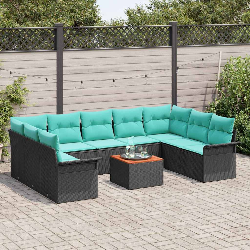 Gartensofa-set 10 pcs Schwarz und Türkis Poly-Rattan