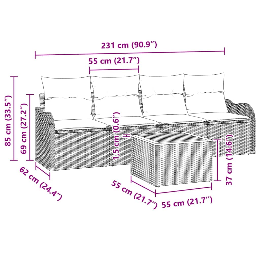 Gartensofa-set mit Speicher 5 pcs Grau Poly-Rattan