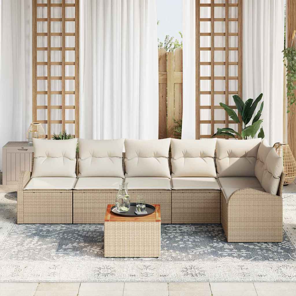 Gartensofa-set mit Speicher 7 pcs Beige und Creme Poly-Rattan