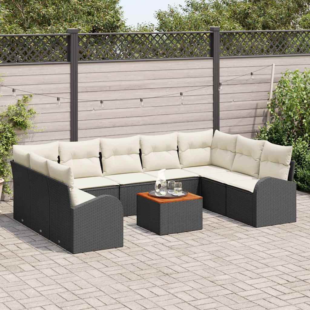 Gartensofa-set 10 pcs Schwarz und Creme Poly-Rattan
