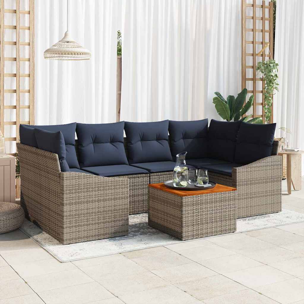 Gartensofa-set 7 pcs Grau und Marineblau Poly-Rattan