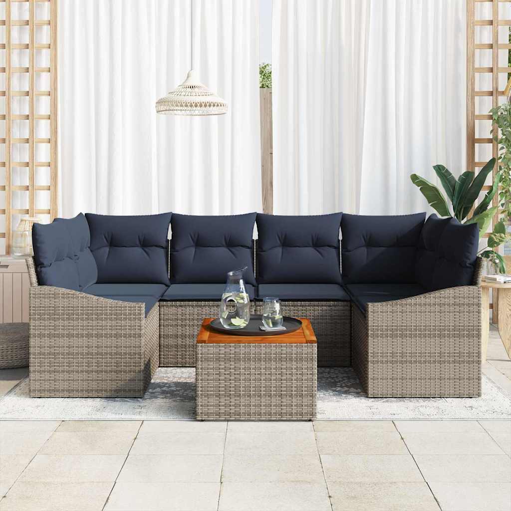 Gartensofa-set 7 pcs Grau und Marineblau Poly-Rattan
