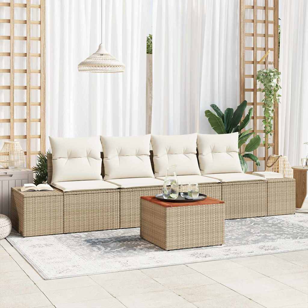 Gartensofa-set mit Speicher 5 pcs Beige und Creme Poly-Rattan