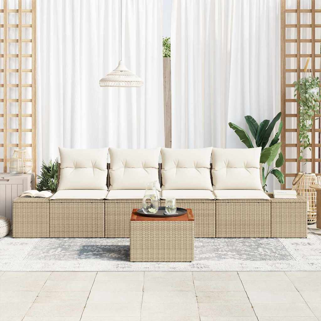 Gartensofa-set mit Speicher 5 pcs Beige und Creme Poly-Rattan
