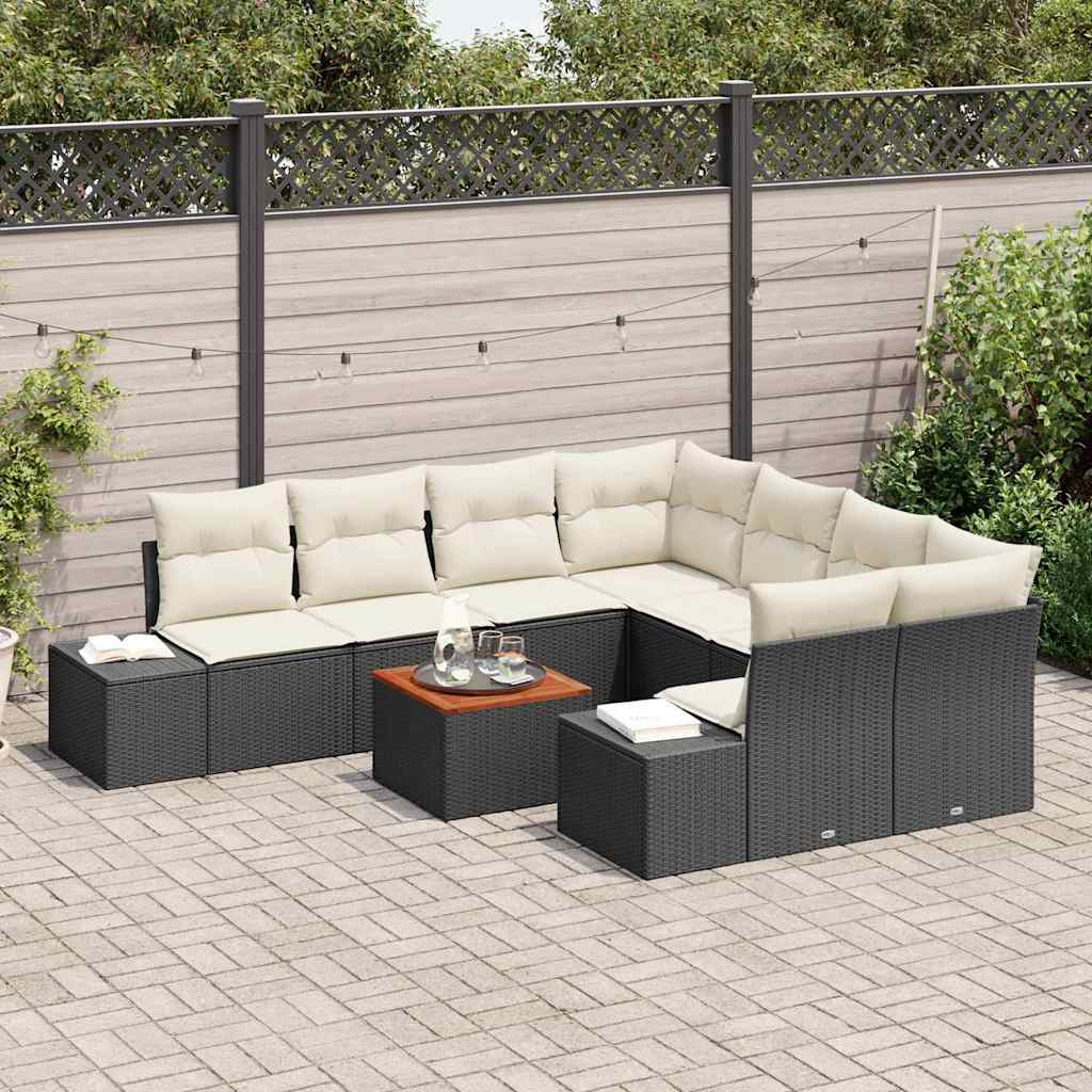 Gartensofa-set mit Speicher 9 pcs Schwarz und Creme Poly-Rattan