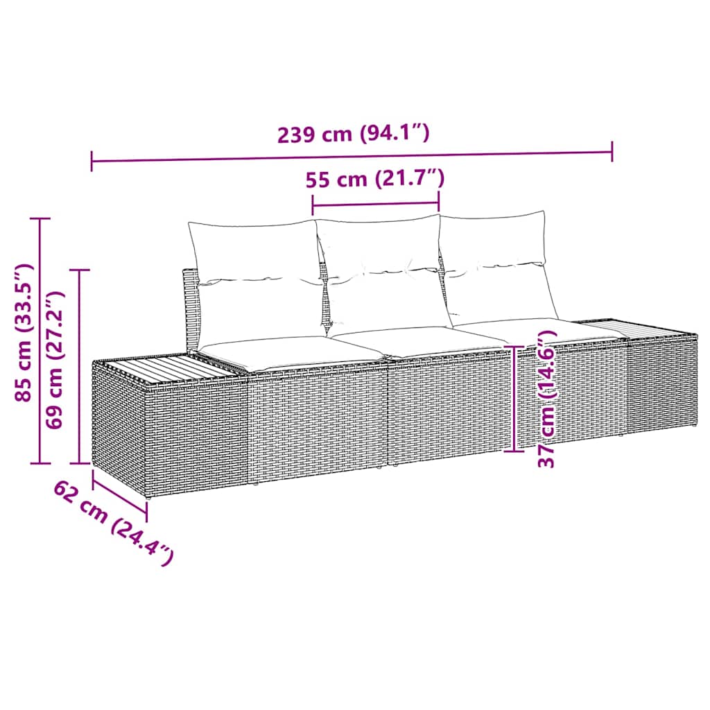 Garten-Sofa-Set mit Speicher 3 pcs Grau Poly Rattan
