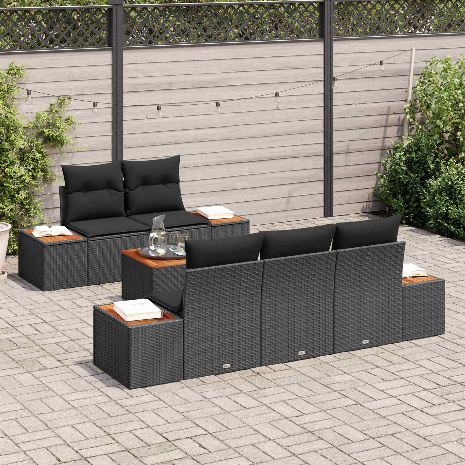 Garten-Sofa-Set mit Speicher 6 pcs Schwarz Poly Rattan