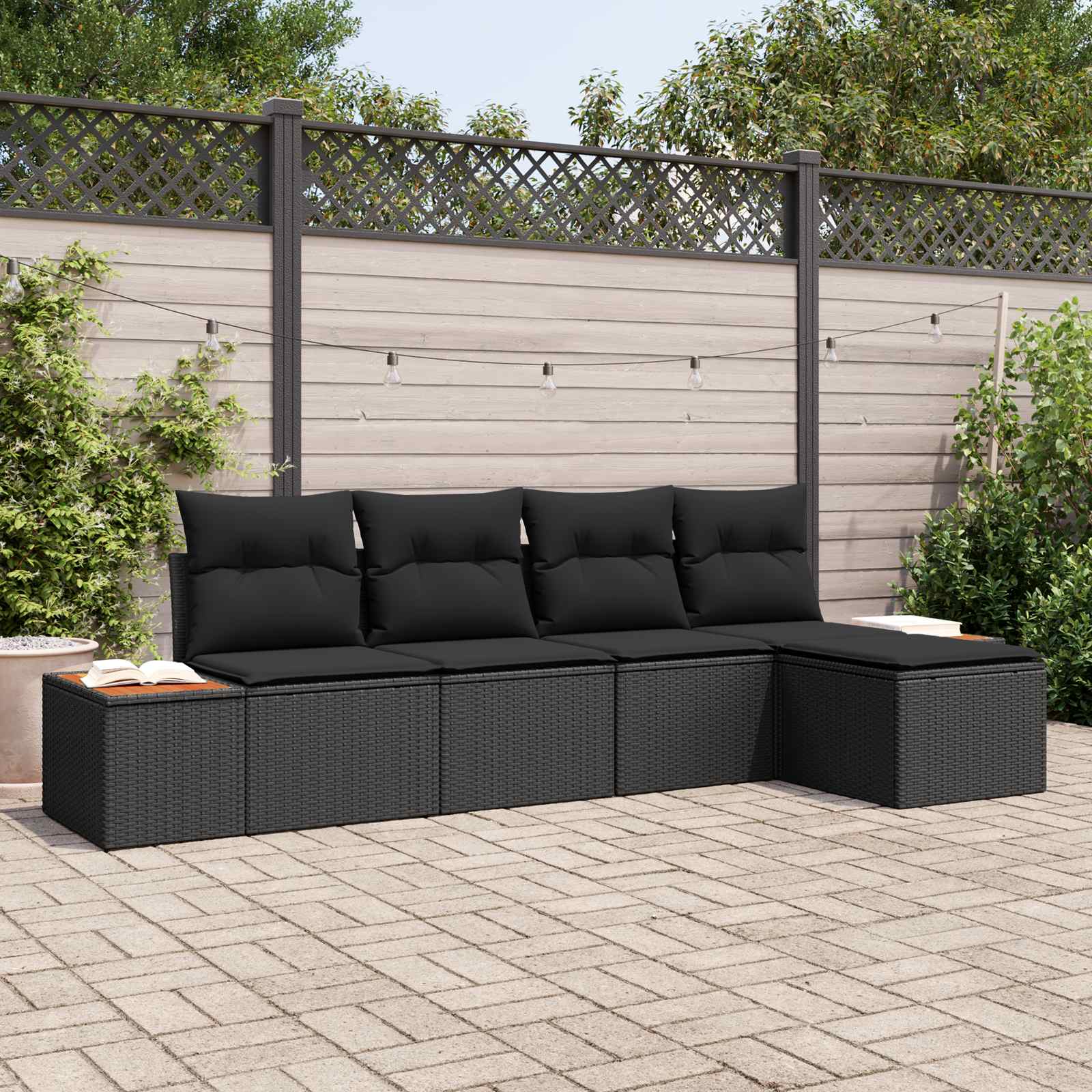 Gartensofa-set mit Kissen mit Speicher 6 pcs Schwarz Polyrattan