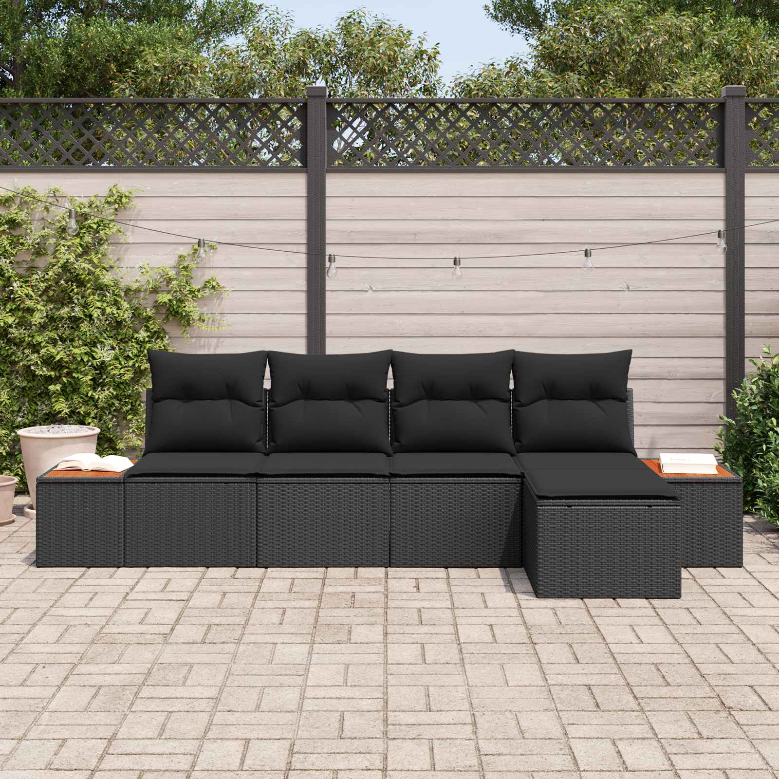 Gartensofa-set mit Kissen mit Speicher 6 pcs Schwarz Polyrattan