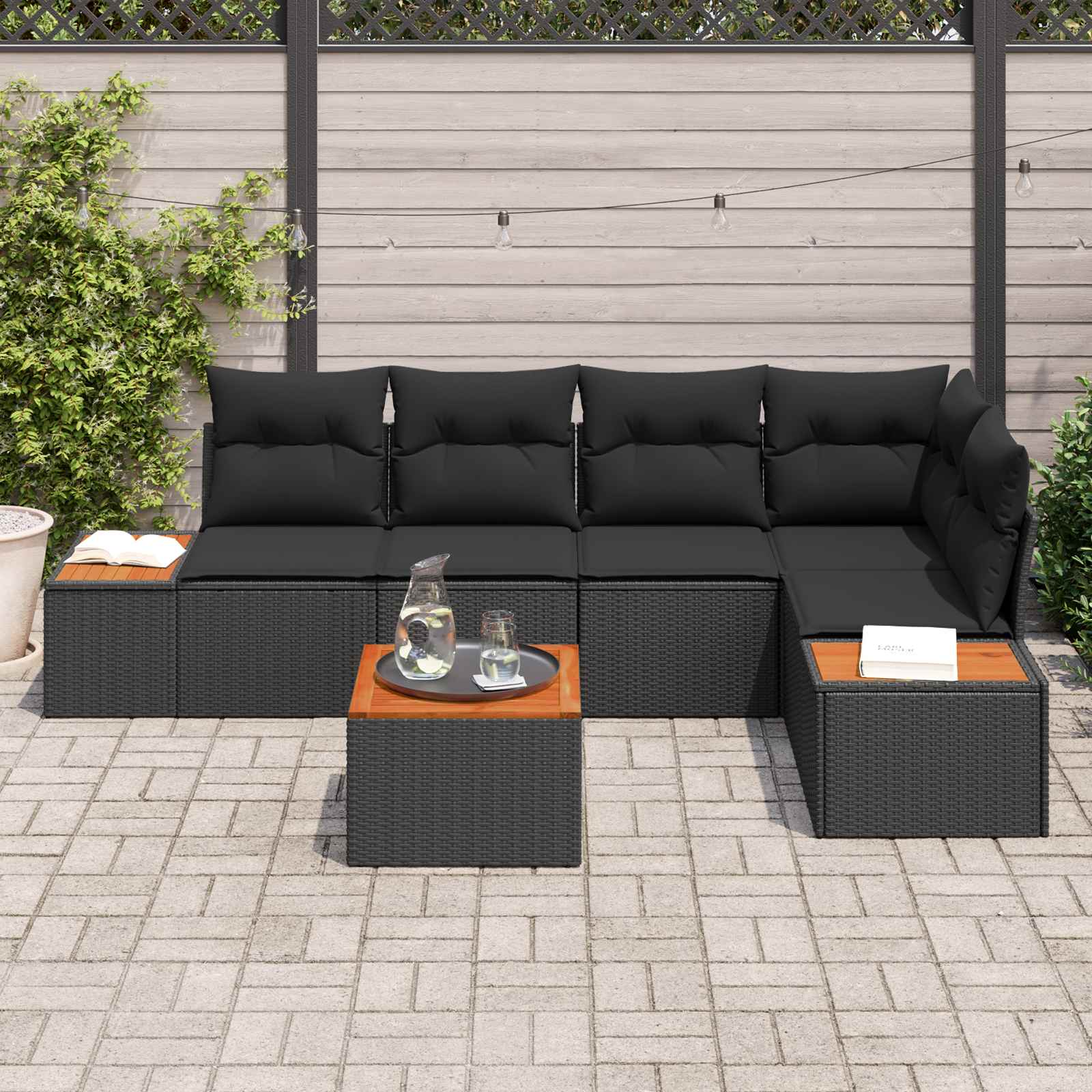 Garten-Sofa-Set mit Kissen 6 pcs Schwarz Poly Rattan