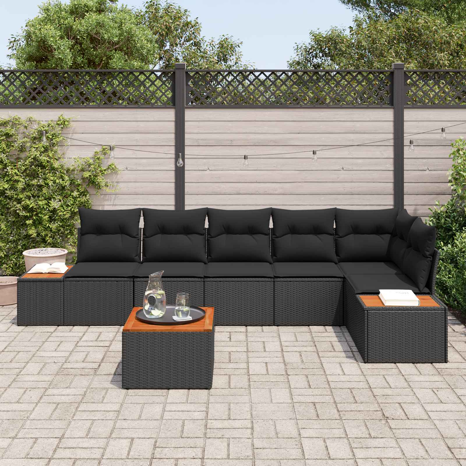 Gartensofa-set mit Kissen mit Speicher 6 pcs Schwarz Polyrattan