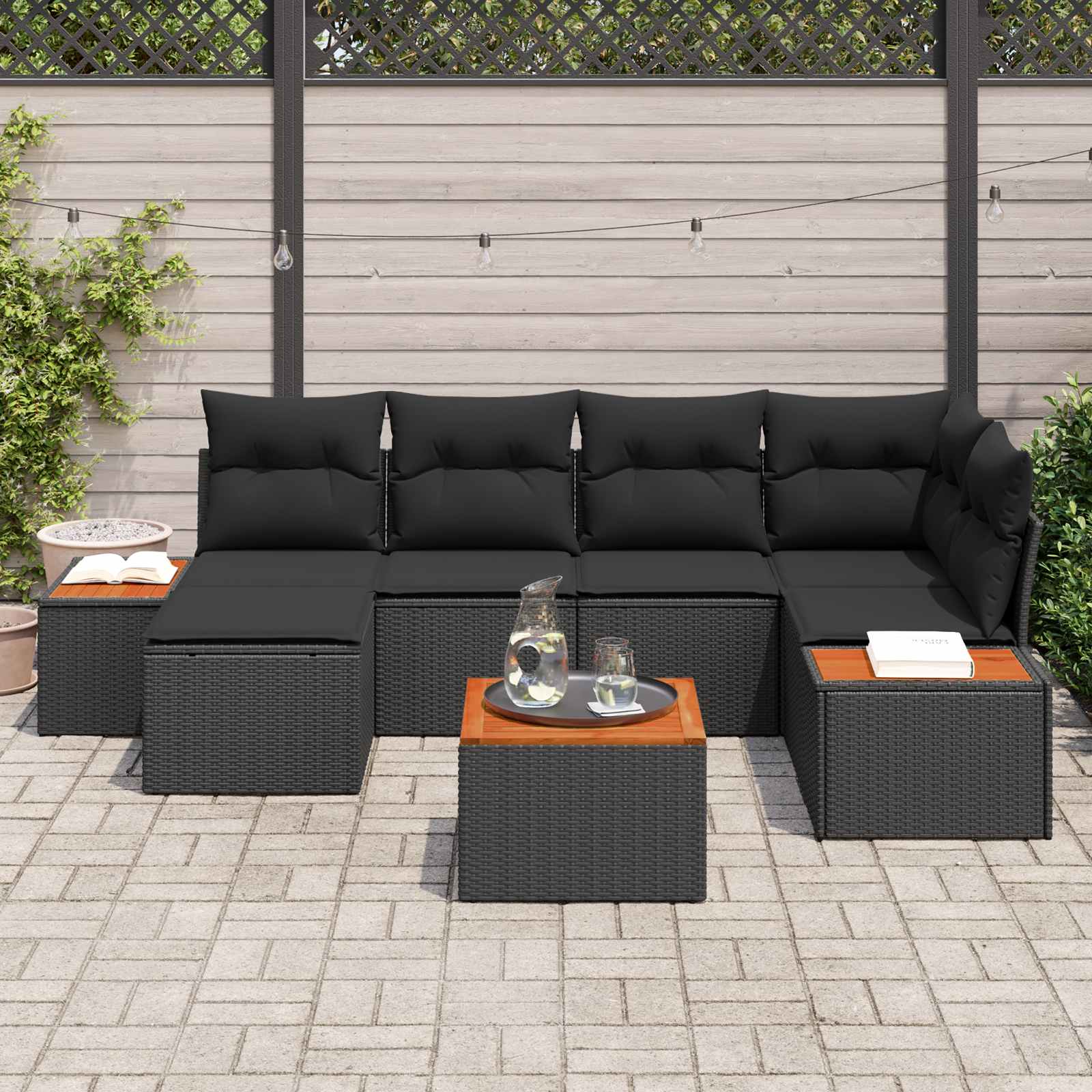 Gartensofa-set mit Kissen mit Speicher 7 pcs Schwarz Polyrattan
