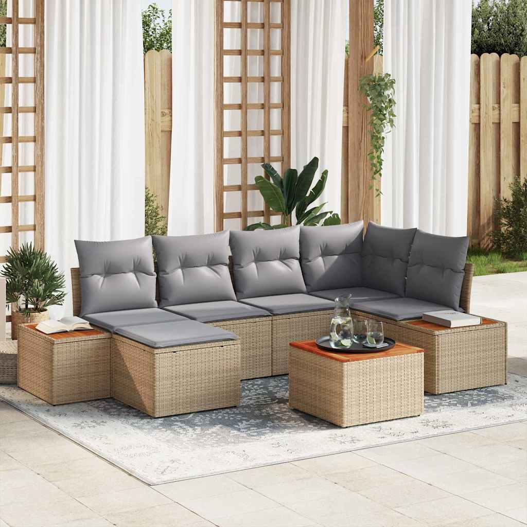 Gartensofa-set mit Kissen 7 pcs Beige und Hellgrau Polyrattan
