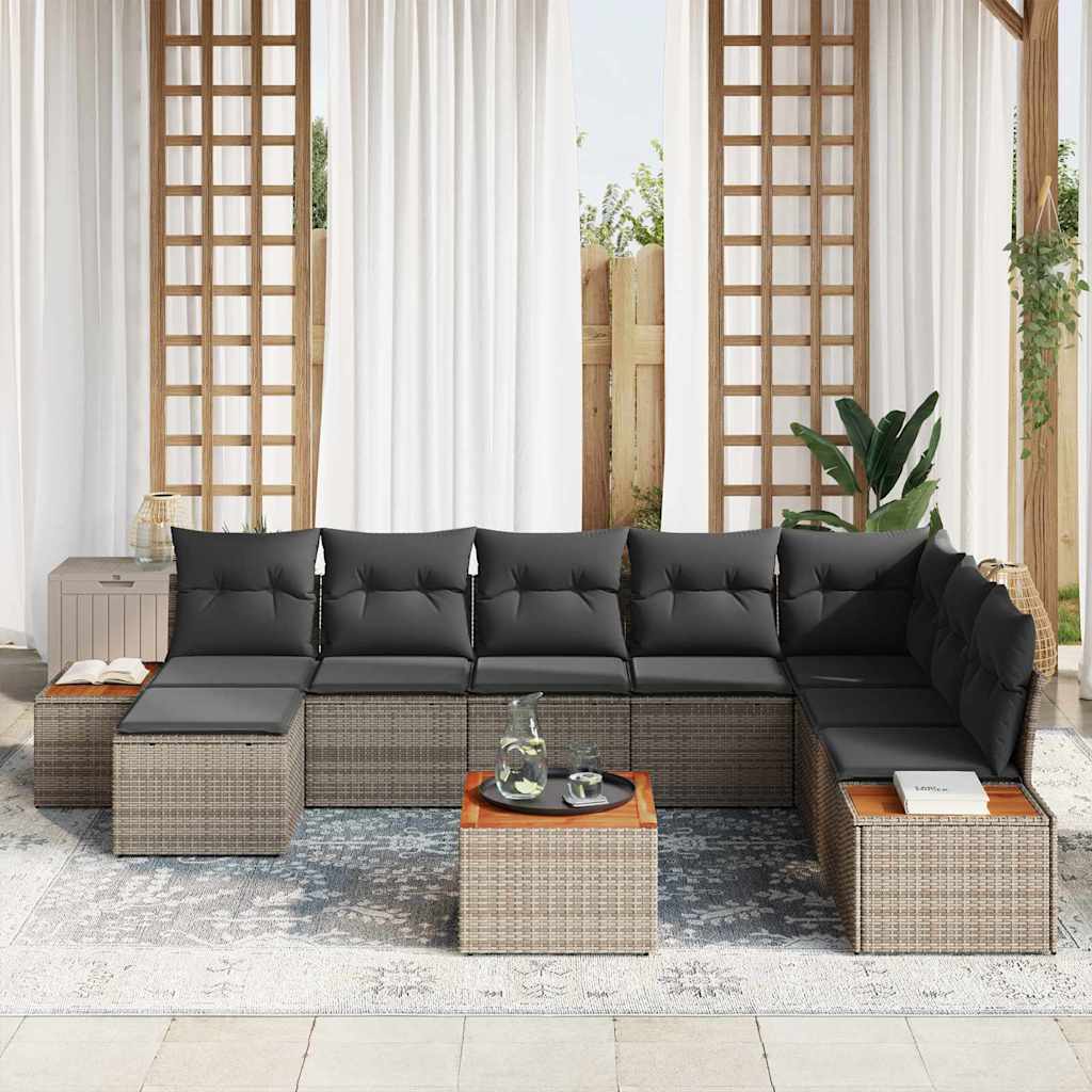Gartensofa-set mit Kissen mit Speicher 9 pcs Grau Polyrattan