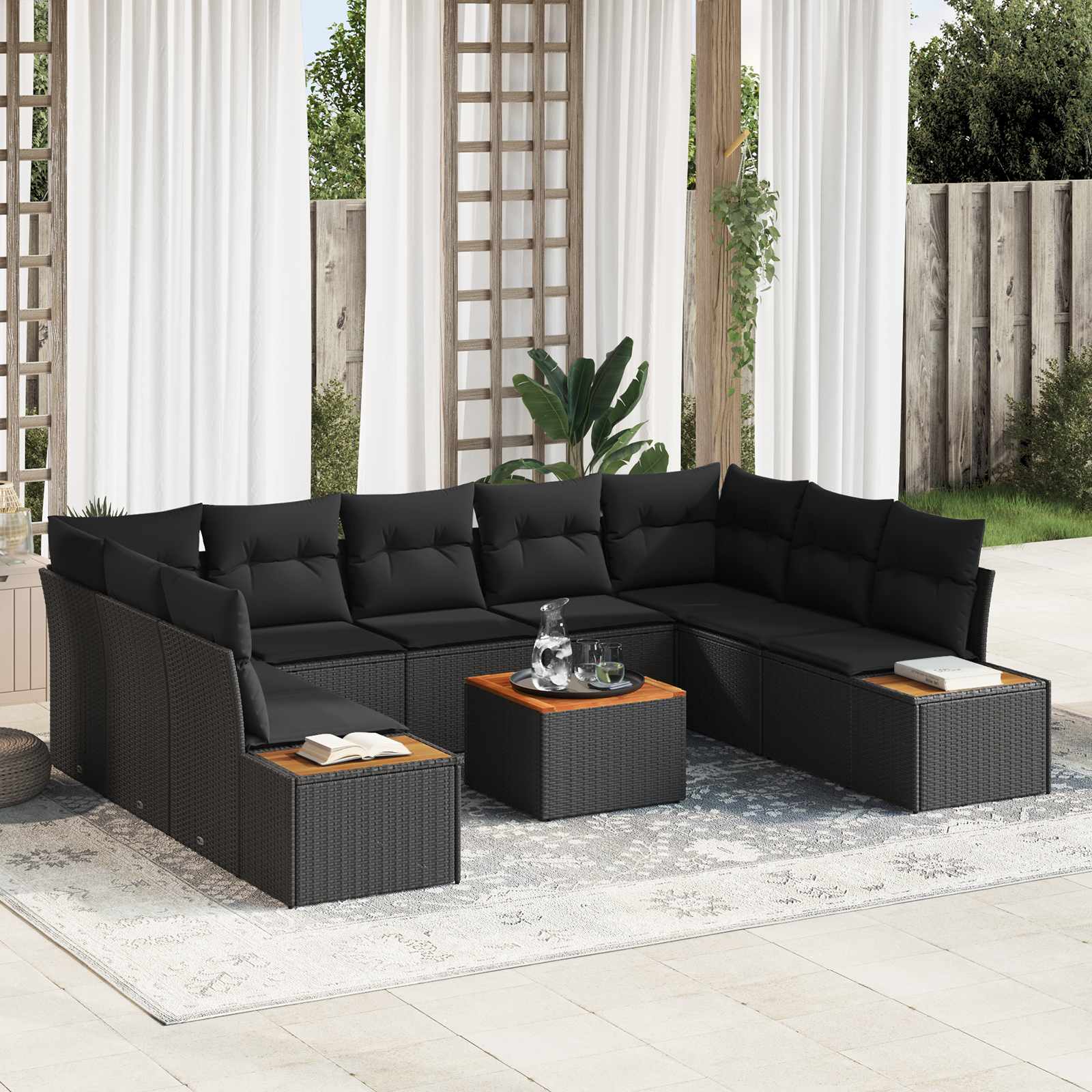 Gartensofa-set mit Kissen mit Speicher 5 pcs Schwarz Polyrattan