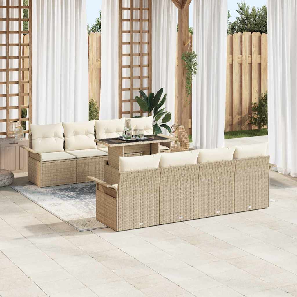 Gartensofa-set mit Kissen mit Speicher 9 pcs Beige Poly Rattan