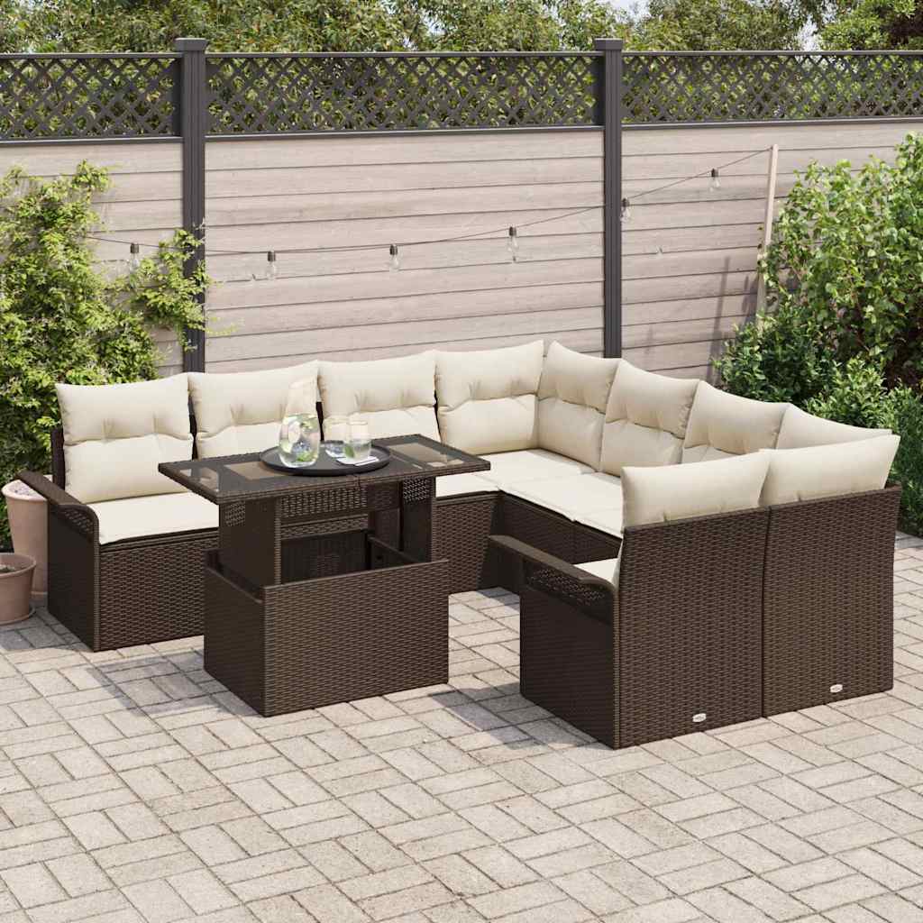 Gartensofa-set mit Kissen mit Speicher 9 pcs Braun Poly Rattan