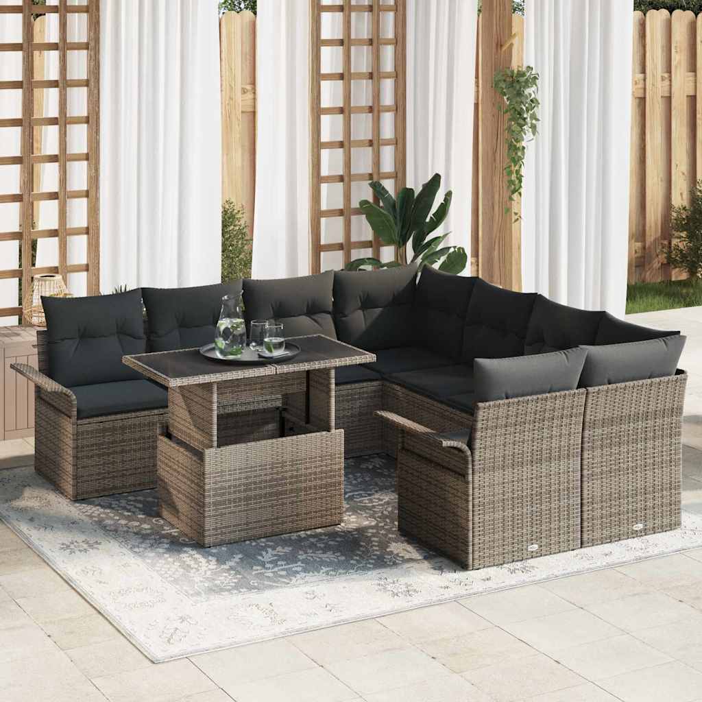 Gartensofa-set mit Kissen mit Speicher 9 pcs Grau Poly Rattan