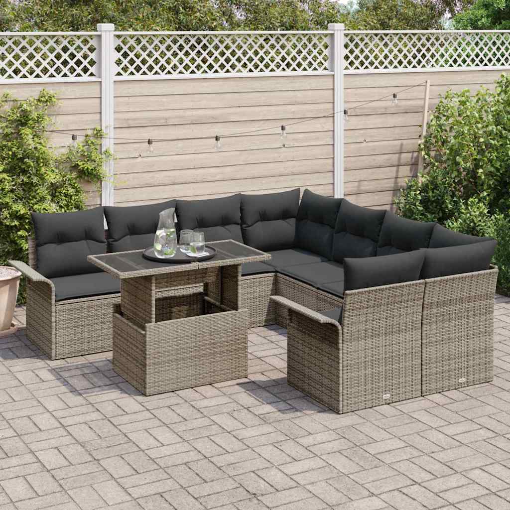 Gartensofa-set mit Kissen mit Speicher 9 pcs Grau Poly Rattan
