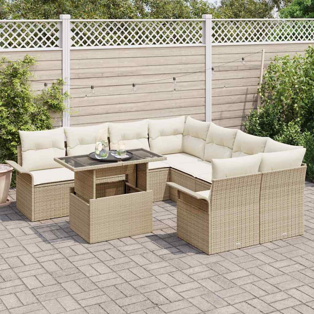 Gartensofa-set mit Kissen mit Speicher 9 pcs Beige Poly Rattan