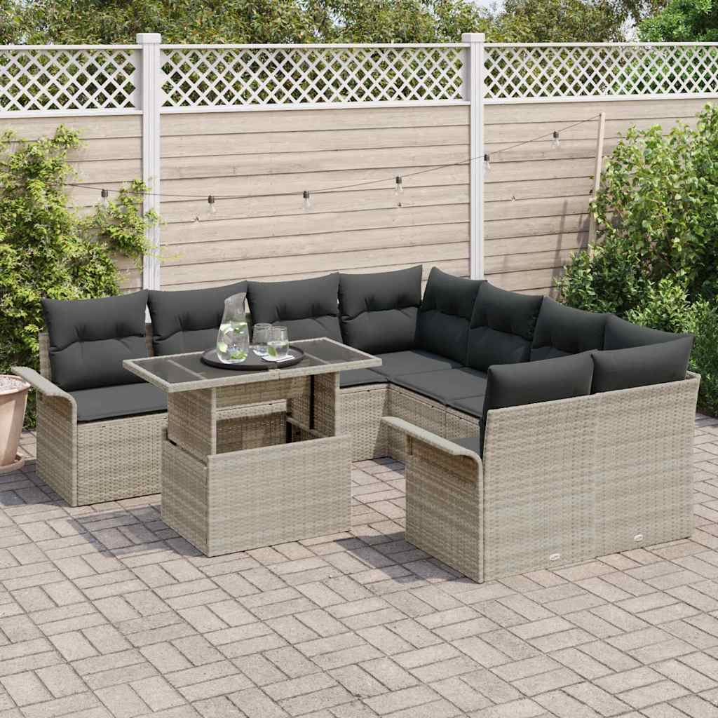 Gartensofa-set mit Kissen 9 pcs Hellgrau Poly Rattan