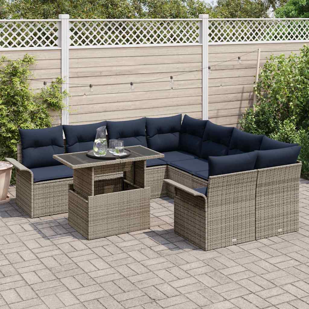 Gartensofa-set mit Kissen mit Speicher 9 pcs Grau Poly Rattan