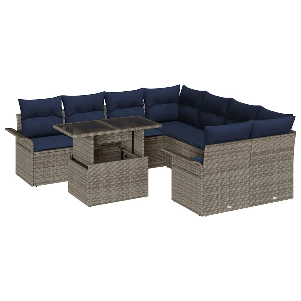 Gartensofa-set mit Kissen mit Speicher 9 pcs Grau Poly Rattan