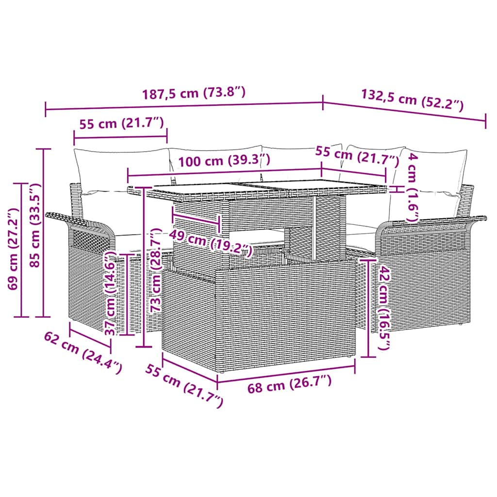 Gartensofa-set mit Kissen mit Speicher 5 pcs Beige Poly Rattan