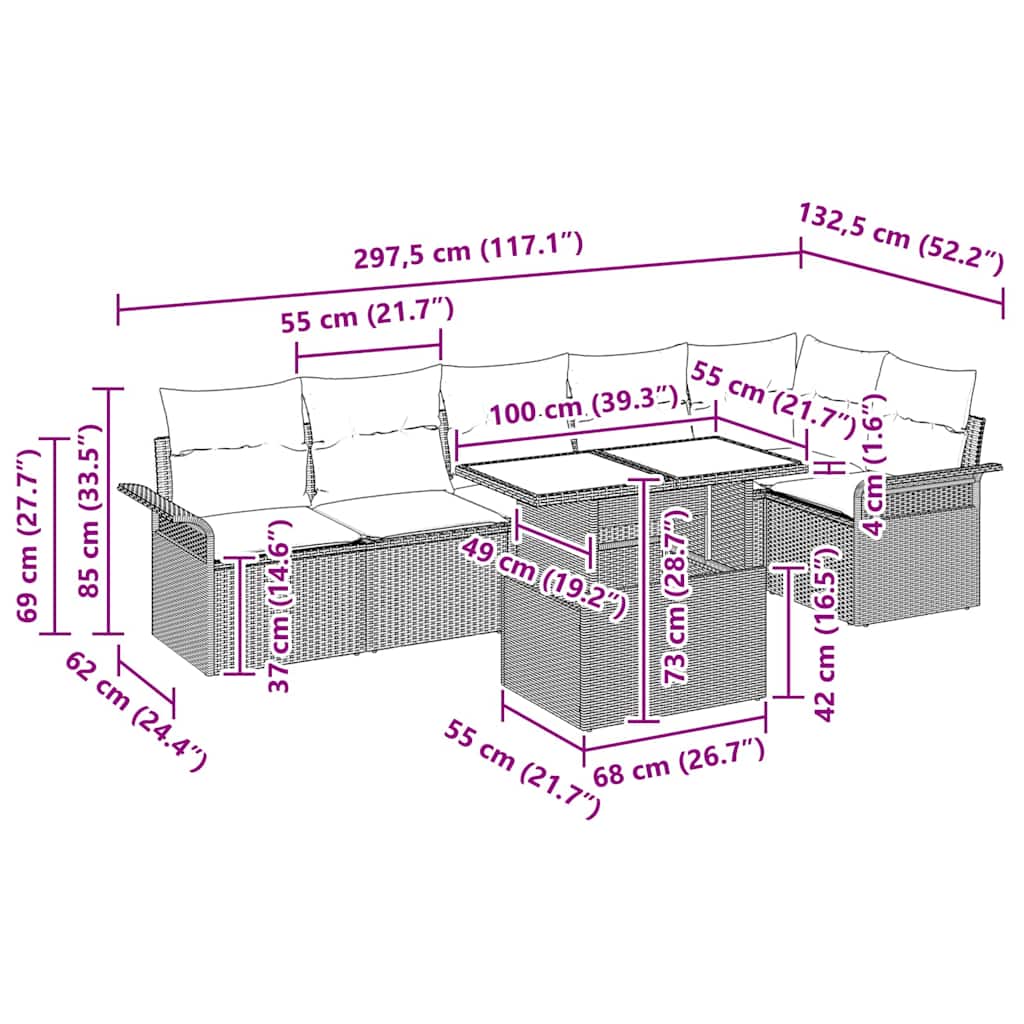 Garten-Sofa-Set mit Kissen 7 pcs Schwarz Poly Rattan