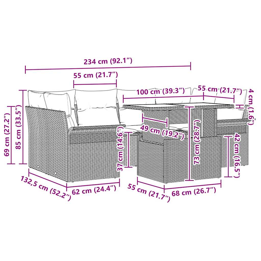 Garten-Sofa-Set mit Kissen mit Speicher 7 pcs Grau Poly Rattan