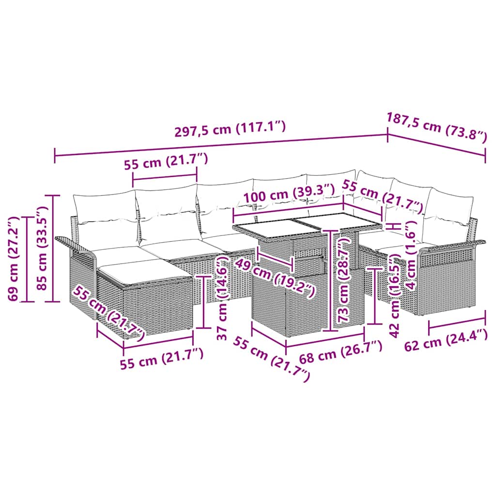 Garten-Sofa-Set mit Kissen mit Speicher 9 pcs Beige und Creme